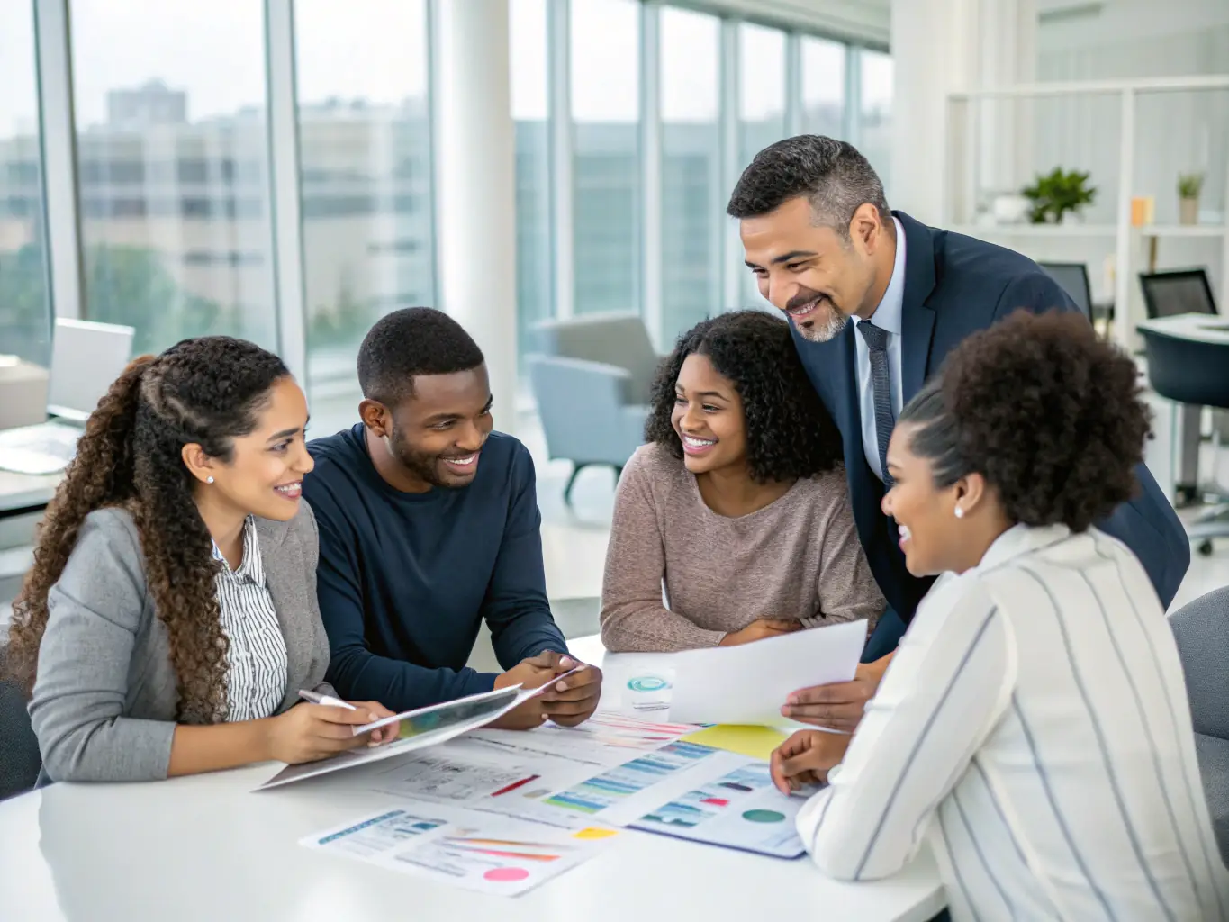 A diverse group of people happily interacting and receiving assistance from Saud Seguros representatives, showcasing the brokerage's commitment to serving a wide range of clients with empathy and understanding.